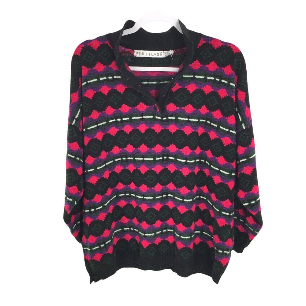 Vintage Euro Flash Collared Pullover Knit Sweater One Size M L Womens Pink Black